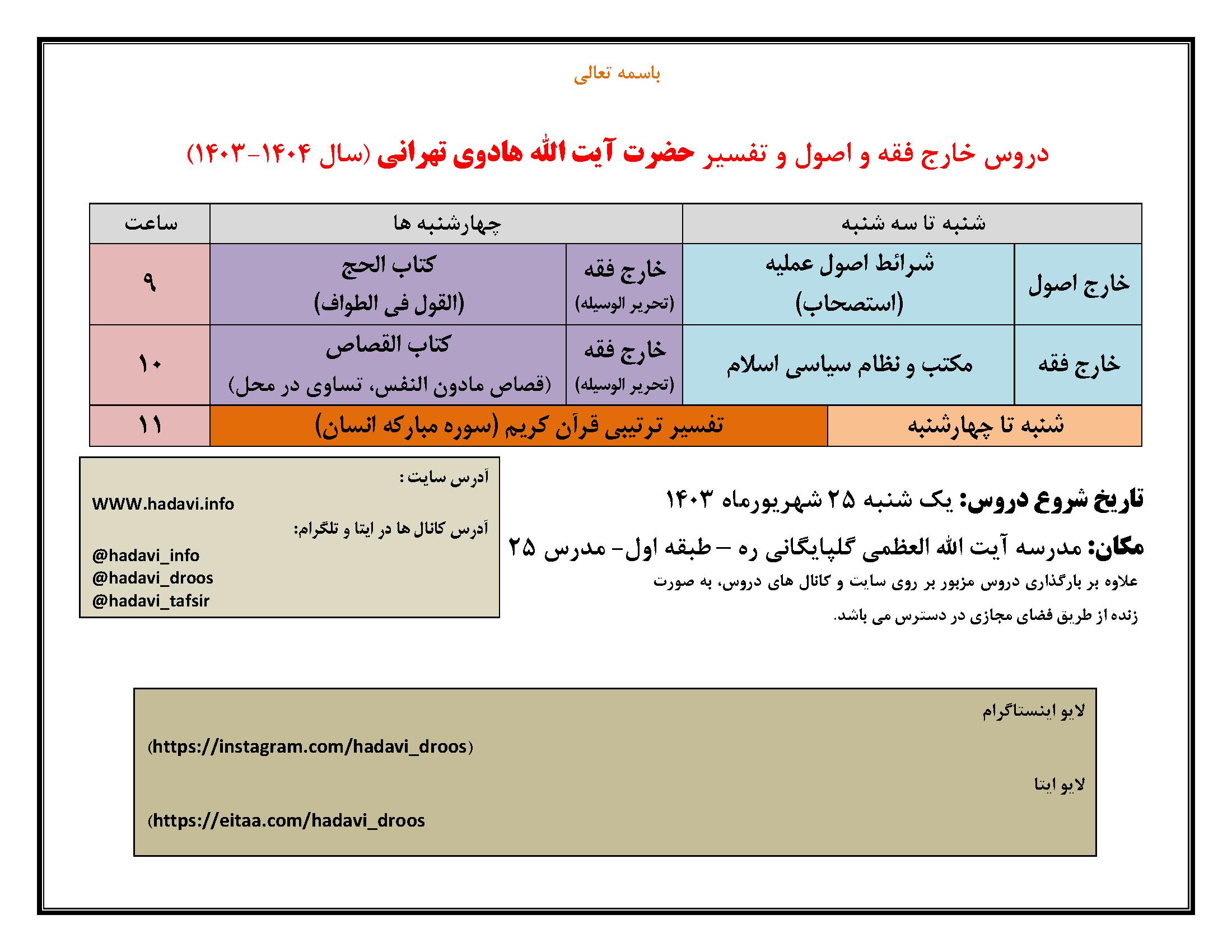 برگزرای دروس خارج فقه و خارج اصول و تفسیر